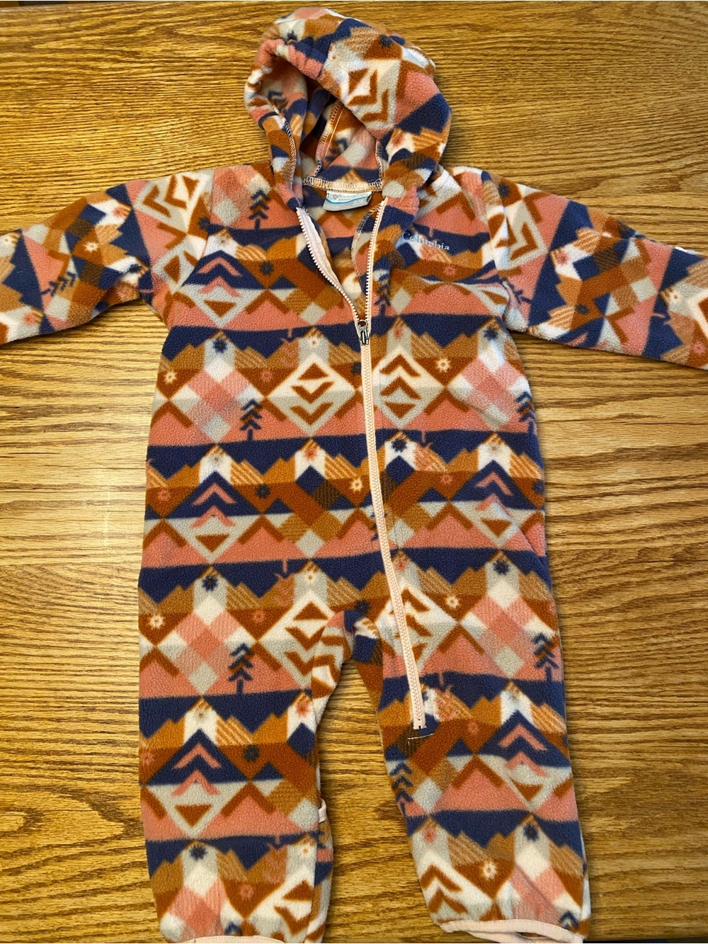 Columbia Hooded Fleece One-Piece in Pink, Blue & Brown Geometric Print